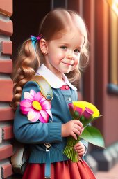 Девочка с цветами идет в школу